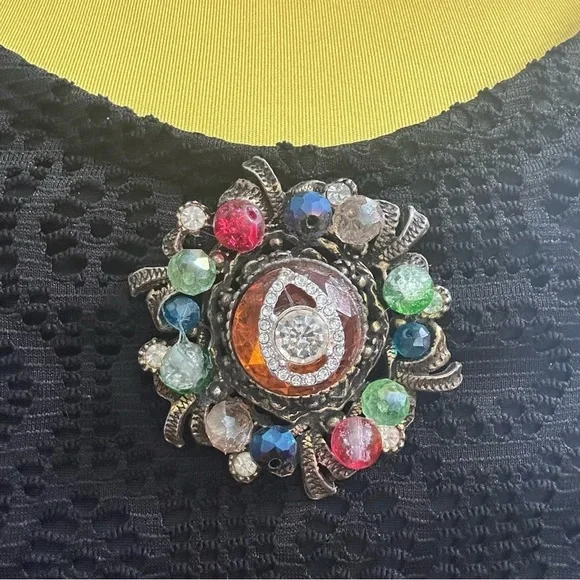 Collage beaded Brooch Handmade Repurposed Artisan Vibrant Crystal 0780 P - Picture 4 of 7
